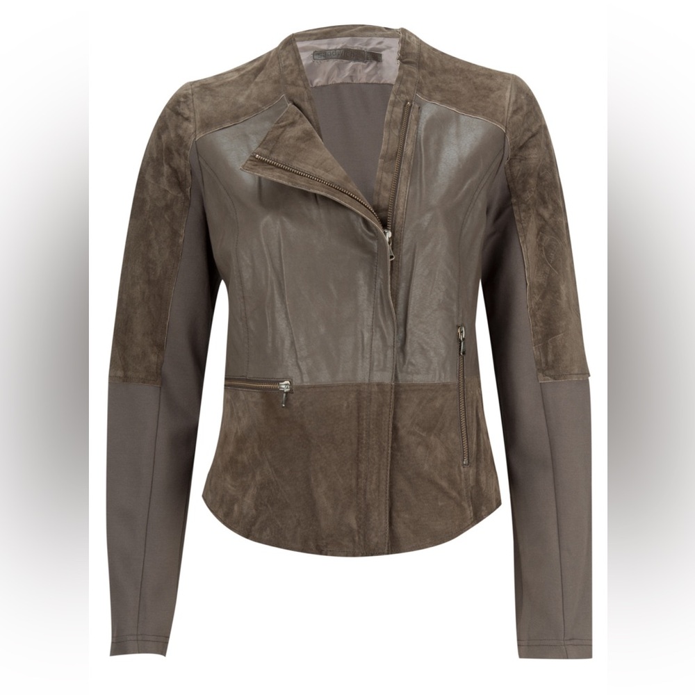 Sandwich Brown leather&knit moto jacket. Size 8
